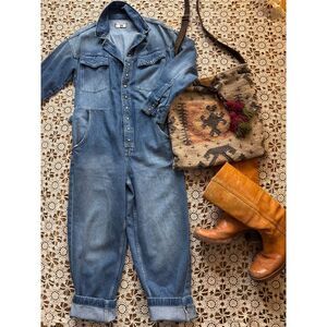 We The Free Vintage Style Denim‎ Jumpsuit with Brass Buttons Retro Workwear